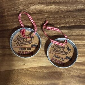 Farmhouse Holiday Ornaments with Red Ribbon